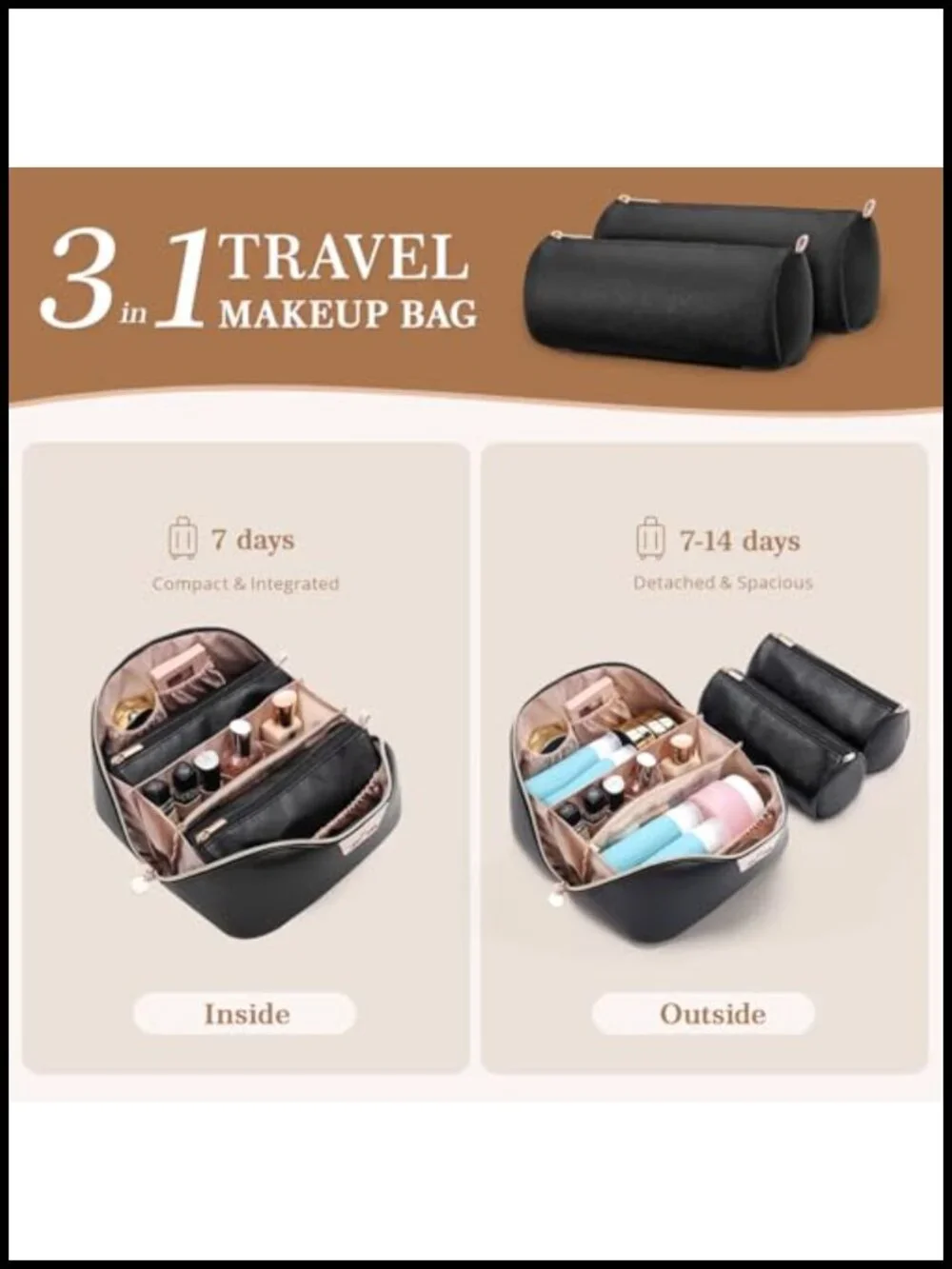 3-in-1 Travel Makeup Bag Organizer Vegan Leather Large Capacity Toiletry Case